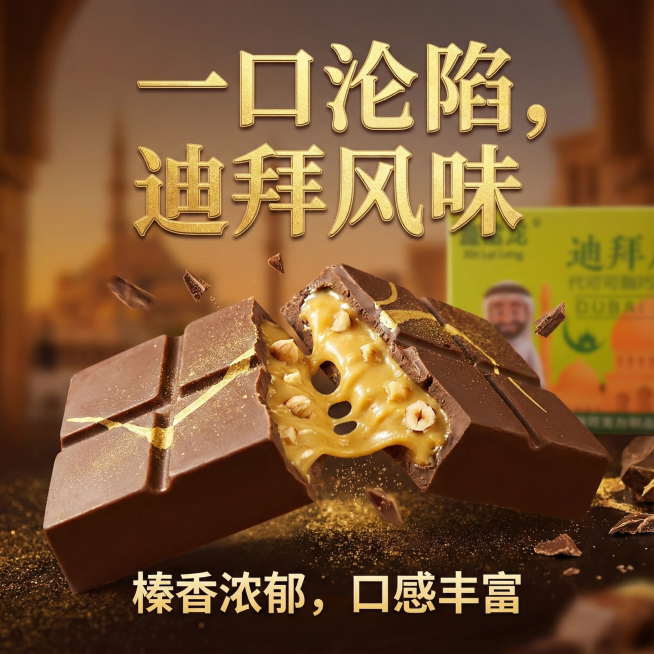这张图片是产品主体这款产品是迪拜巧克力， 产品克重分别是45克和25克，口味有榛子味和开心果味    我需要设计20张主图在拼多多上面售卖 主图场景布局能用到的多场景元素布局显得高级一些      场预览效果