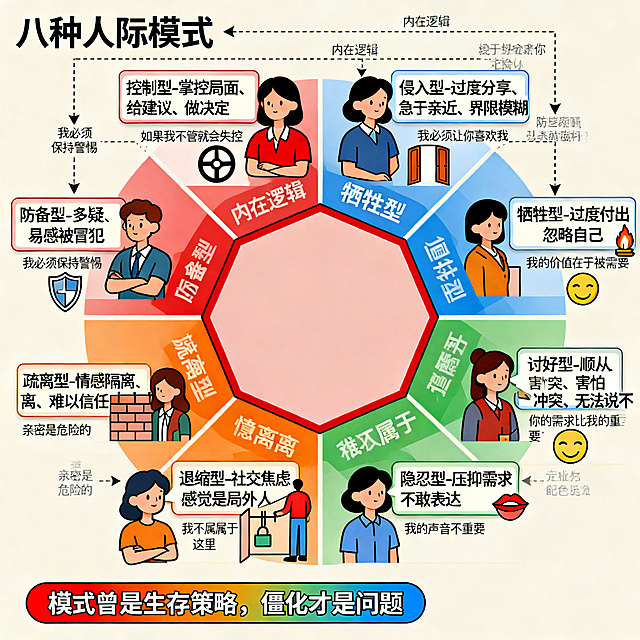 科普插画风格，丰富的细节、标注和说明文字，统一的温暖色彩体系（红色、蓝色、绿色、橙色主色调）。核心视觉是中心一个大八边形，周围环绕着八个方向的模式，每个方向用详细的人物插画和说明卡片：上方"控制型-掌控局面、给建议、做决定"，内在逻辑"如果我不管就会失控"，配图标方向盘；右上"侵入型-过度分享、急于亲近、界限模糊"，逻辑"我必须让你喜欢我"，配图标敞开的大门；右方"牺牲型-过度付出、忽略自己"，逻辑"我的价值在于被需要"，配图标燃烧的蜡烛；右下"讨好型-顺从、害怕冲突、无法说不"，逻辑"你的需求比我的重要"，配图标微笑面具；下方"隐忍型-压抑需求、不敢表达"，逻辑"我的声音不重要"，配图标被锁住的嘴；左下"退缩型-社交焦虑、感觉是局外人"，逻辑"我不属于这里"，配图标角落里的人；左方"疏离型-情感隔离、难以信任"，逻辑"亲密是危险的"，配图标围墙；左上"防备型-多疑、易感被冒犯"，逻辑"我必须保持警惕"，配图标盾牌。标题"八种人际模式"，用箭头和标注说明每个模式的特点。底部用彩色标注框突出核心观点"模式曾是生存策略，僵化才是问题"。