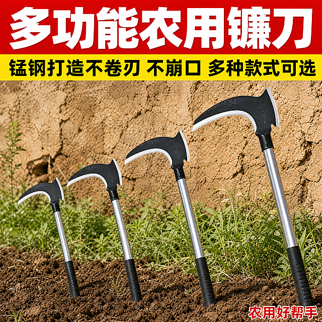 [主图-2] 核心亮点 主题：多功能农用镰刀 锰钢打造不卷刃。核心任务是讲透材质与性能卖点，用多款式对比或结构标注证明产品专业可靠。
[统一基调] 拼多多风格，整体高饱和、强对比、信息满版；主标题用超粗黑体大字，配红底白字强对比；辅助文案用粗黑体；强调色为正红+明黄；背景用真实户外土墙草地场景，突出农用属性；整体走直白硬核工具感。
[画面] 画面中央横向排列4把同款镰刀（均保持用户商品图的双砍头设计、黑色刀身、银色金属长柄、黑色握柄的外观特征，仅尺寸大小有区分，从左到右依次增大），立在泥土地上，背景是老旧土墙和绿色草地，营造真实农用场景感。最右侧的镰刀最大最清晰，作为主展示品，占画面主体。所有镰刀刀身精修，刃口高光明显，金属柄反光自然，底部插入土中或接触地面，有真实投影。
[光影质感] 户外自然光摄影质感，光线从上方偏左照射，形成自然的明暗关系，土墙有粗糙纹理，草地有层次，镰刀金属部分有环境反光，整体真实接地气，有田间地头的使用氛围。
[配色] 顶部红底白字大标题；中间黄底黑字副标题条；产品黑银配色；背景土黄+绿色自然色；强调色正红、明黄。
[文字版式] 顶部通栏红色背景，白色超粗黑体大标题"多功能农用镰刀"，字号极大，占顶部约1/5高度；标题下方一条明黄色横条，黑色粗体字副标题"锰钢打造不卷刃 不崩口 多种款式可选"；画面底部右侧可加小字"农用好帮手"。文字均为横排，放在上下安全区，不遮挡主体镰刀的刀头关键部位。
[输出要求] 1:1正方形，2048px，文字清晰，产品结构准确，场景真实自然；负向：变形、错字、模糊、水印、平台Logo、产品外观改变、刀头形状错误、悬浮、穿模。