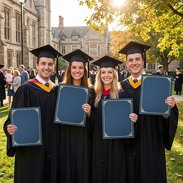 生成一张场景，4个毕业生站一起，手里拿着证书，背景学校，都要白人