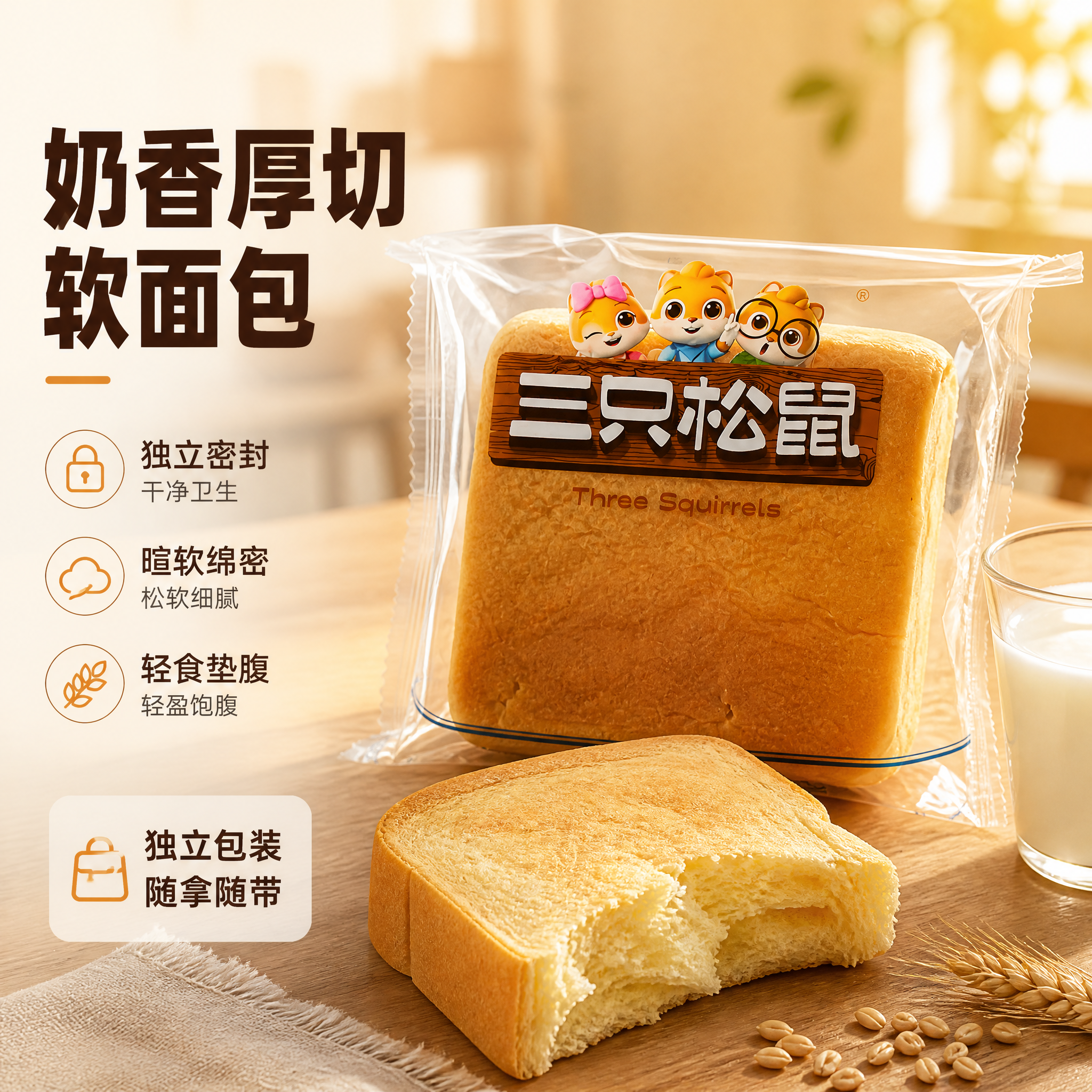 [主图-1] 三只松鼠独立装厚切软面包的电商主图首图，唯一任务… - 图片创意预览