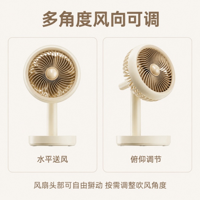 「图片1」，生成一套主图（5张），商品名称是静音可调节台式桌面小风扇，卖点是多角度风向可调：风扇头部可俯仰掰动，按需调整吹风角度，送风不局限单一方向
低噪送风：优化内部风叶结构，低档运行噪音微弱，办公预览效果