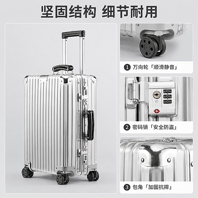 「图片1」，生成一套主图（5张），商品名称是铝合金行李箱，卖点是结实耐用，容量大，风格是生活风，适配淘宝/天猫平台，主图比例为1:1
