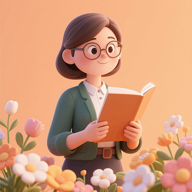 一个女老师拿着教案，周围有鲜花环绕，温馨感，背景浅橙色