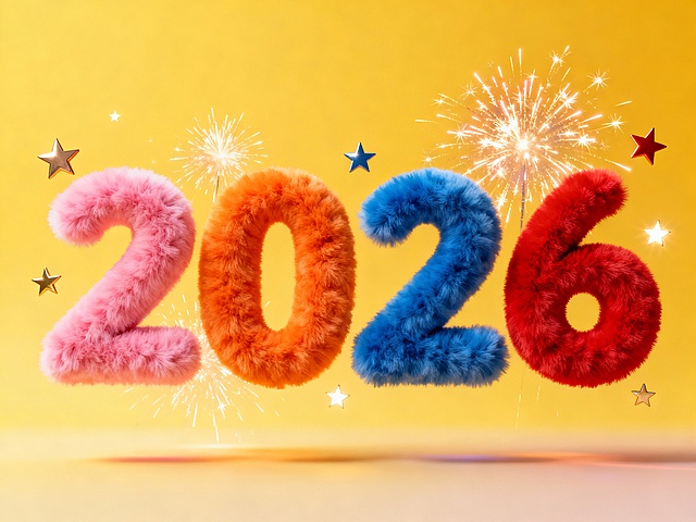 毛绒质感的 “2026” 数字（粉橙红蓝单色配色，每个数字一种颜色），周围点缀星星、烟花装饰。黄色渐变背景，正面视角，悬空。
