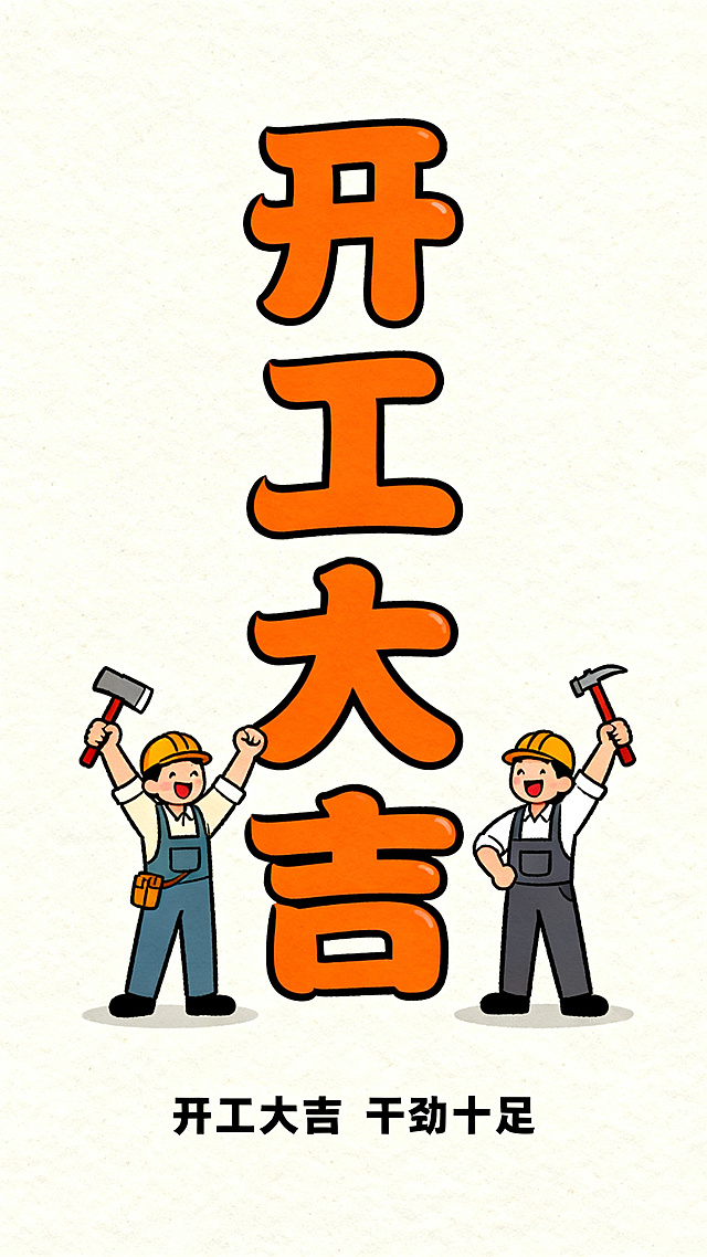 卡通插画风，描边大字“开工大吉”喜庆醒目，配以工友举锤欢庆，印刷质感十足，传递开工节日氛围。