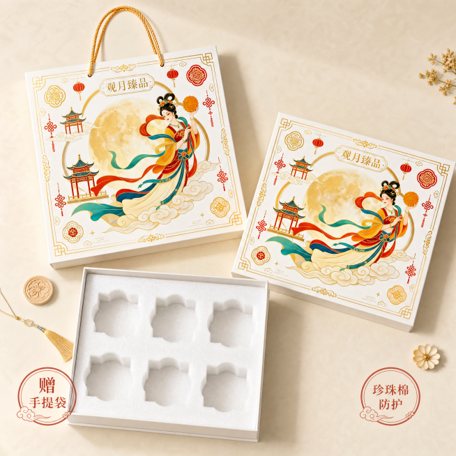 [主图-3] 月饼礼盒配套配件细节展示；氛围风格：礼盒开箱全家福展示，国风干净场景；画质：商业摄影质感、光线柔和通透、产品清晰真实、画面干净高级；元素：打开月饼礼盒，展示内部珍珠棉内衬，礼盒旁摆放赠送预览效果