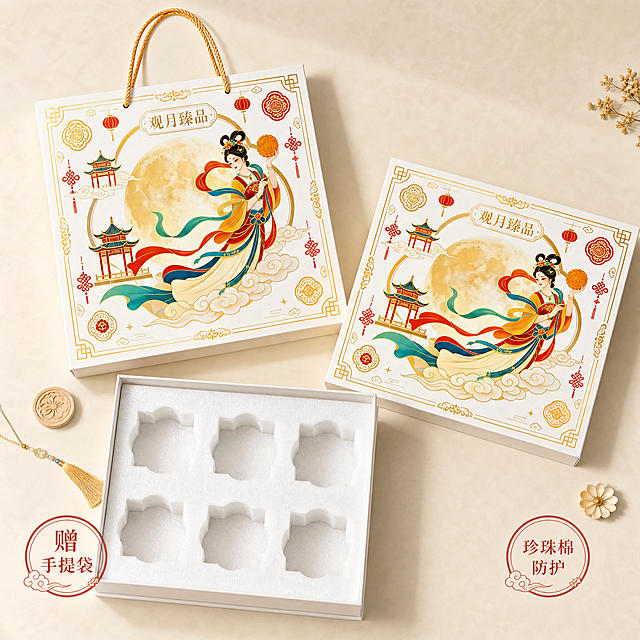 [主图-3] 月饼礼盒配套配件细节展示；氛围风格：礼盒开箱全家福展示，国风干净场景；画质：商业摄影质感、光线柔和通透、产品清晰真实、画面干净高级；元素：打开月饼礼盒，展示内部珍珠棉内衬，礼盒旁摆放赠送的同风格国风手提袋，呈现全套产品配置，保持月饼礼盒外观、物理结构、材质质感、颜色与输入产品图绝对一致，杜绝任何变形和色差，精细化处理。商品主体占比严格控制在75%左右；画面满屏无边框。光影：柔和均匀顶光，清晰展示内部结构与配件细节，阴影过渡自然；配色：主色调米白、浅金、朱砂红，和礼盒风格统一；视角构图：俯视平铺视角，整体展示全套配置；文字版式：画面左下角圆形印章风格文字"赠手提袋"，右下角文字"珍珠棉防护"，配色协调，不遮挡主体；比例分辨率：1:1比例，4k分辨率；文字清晰锐利，画面超高清；负向提示词：变形，水印，文字错乱，产品图模糊，背景杂乱