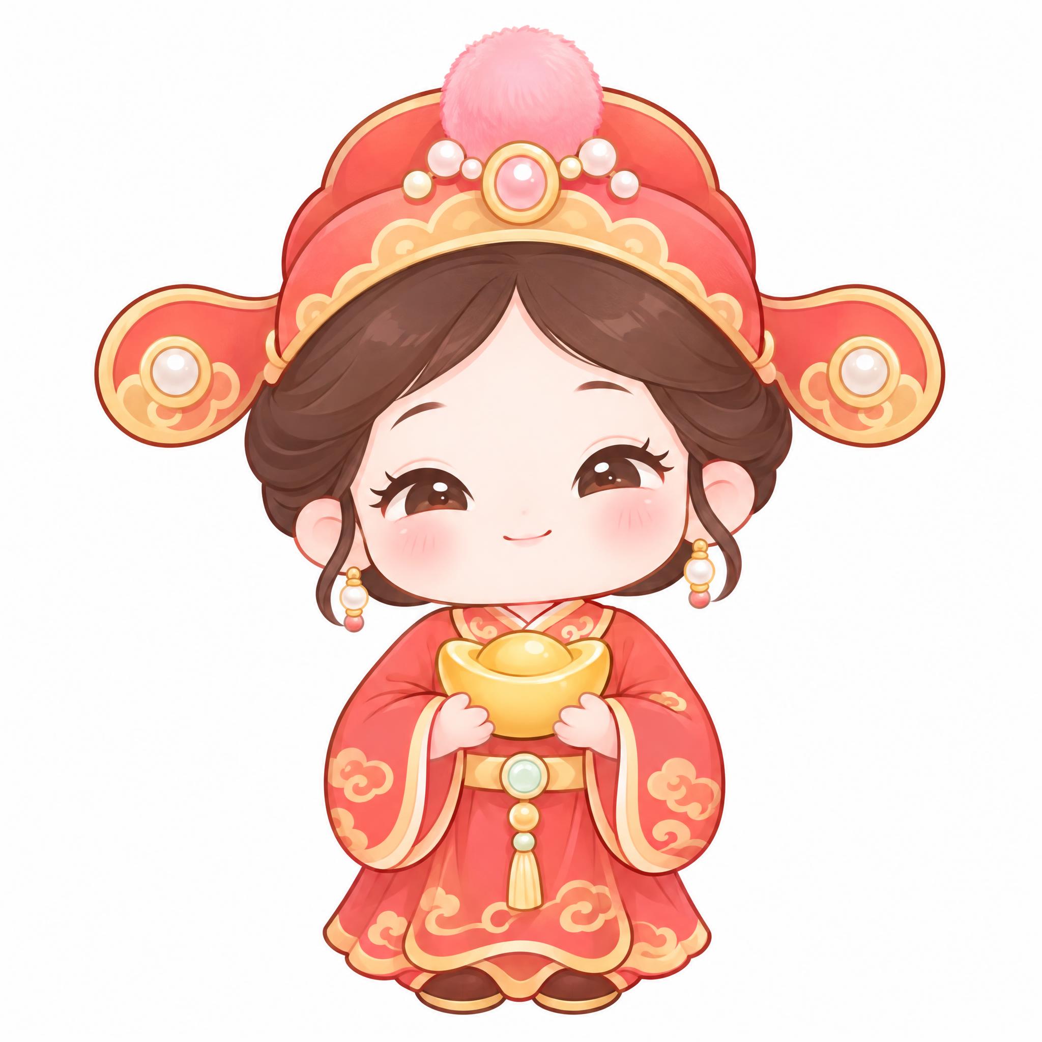 Q版女财神爷IP形象设计，简笔画风格，线条柔和流畅，色彩鲜艳明… - 图片创意预览