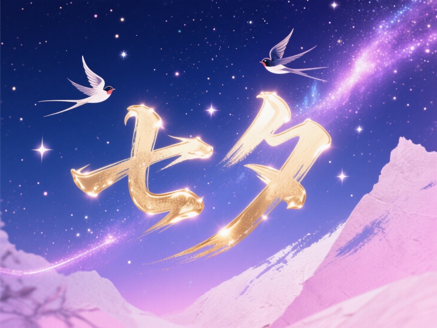 中国风书法艺术字“七夕”，由闪烁的星辰、喜鹊（magpies）和银河光带汇聚而成，深蓝色与粉紫色渐变夜空背景，金字带有光芒效果，水墨晕染感，纸张纹理，梦幻、空灵且富有诗意，有飞白和笔触预览效果