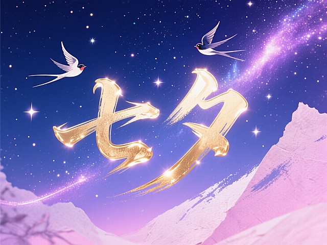 中国风书法艺术字“七夕”，由闪烁的星辰、喜鹊（magpies）和银河光带汇聚而成，深蓝色与粉紫色渐变夜空背景，金字带有光芒效果，水墨晕染感，纸张纹理，梦幻、空灵且富有诗意，有飞白和笔触