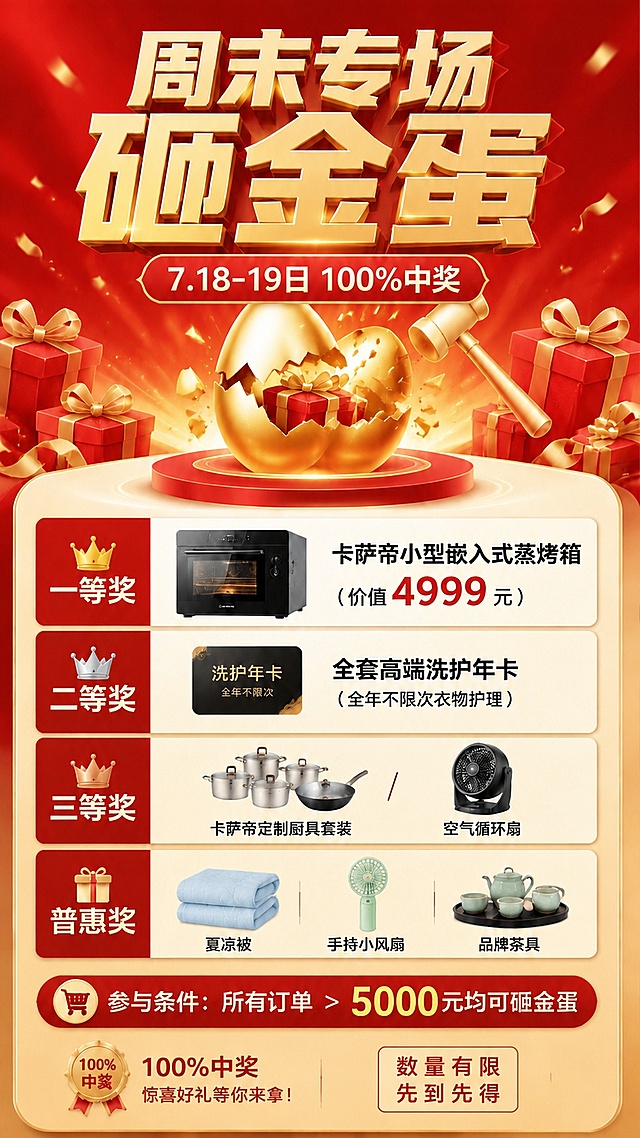删除右下角的二维码占位区域，重新调整版面，将底部信息区域重新排列工整，保持整体经典红金促销风格不变，保留所有活动文案和奖品信息不变。画面文字保持清晰可读，整体排版均匀工整。