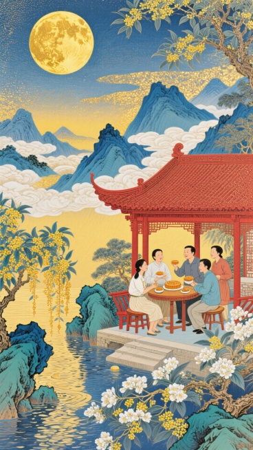 一轮金黄圆月，背景为带金色纹理的天空，中层是工笔风格蓝黄渐变层叠山峦、云雾及红色中式亭台楼阁，楼阁里是家人团聚赏月，共品月饼，近景有波光粼粼水面、开白花树木、垂落黄色桂花枝条和蓝绿色岩石；整体暖金色为预览效果