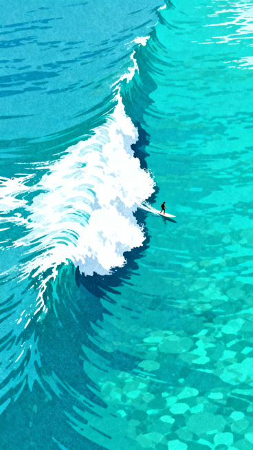 武政谅风格插画，丝网印刷风格，带有颗粒肌理，超广角航拍视角；一片清澈见底的蓝绿色大海，画面左侧掀起一片巨大的浪花，浪花占据画面一半面积，从画面左下角延伸到右上角，笔直巨大的浪花旁边有一个很小的人在冲浪预览效果