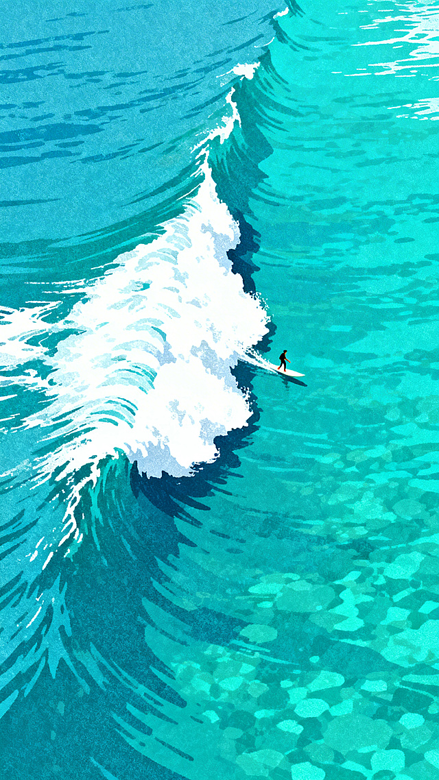 插画风与轻拟物结合，水彩质感渲染碧蓝海浪，光影流动营造清透宽阔感，冲浪者点缀其间，虚拟自然中传递夏日清爽与自由气息。