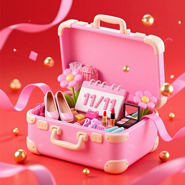 一个打开的粉色大手提箱，箱内有一个醒目的“11/11” 日历牌，日历牌旁许多商品（鞋子、口红、眼影、服饰等），周围环绕粉色丝带、金色小球、花朵等元素装饰，背景为亮红色，超强的促销感。