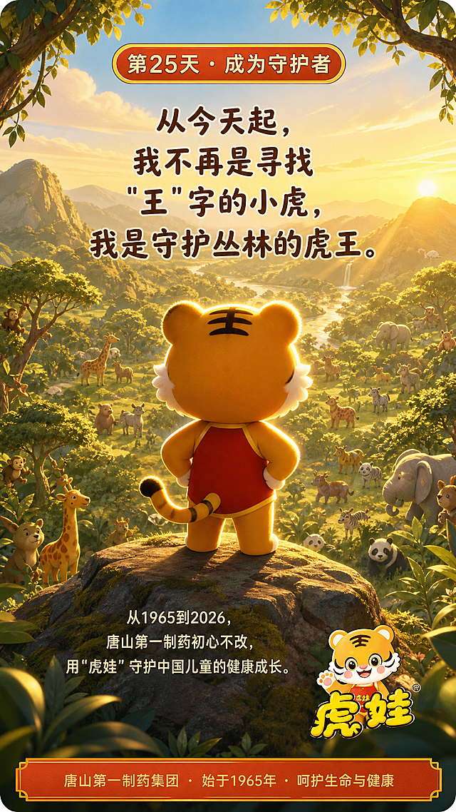 朋友圈每日一签海报，9:16竖版。以参考图中的虎娃IP形象（橙色小老虎，红色肚兜写有虎娃二字，额头王字，圆润可爱3D风格）为主角，虎娃站在百兽丛林的高处岩石上，背对着观众，俯瞰着脚下广阔的森林大地，阳光洒在他身上，形成金色的轮廓光。森林中可以看到各种小动物在和平地生活着。虎娃的姿态坚定而有担当，像一位真正的守护者。顶部圆角日签标签：'第25天 · 成为守护者'。中部旁白：'从今天起，我不再是寻找"王"字的小虎，我是守护丛林的虎王。' 底部产品文案：'从1965到2026，唐山第一制药初心不改，用"虎娃"守护中国儿童的健康成长。' 右下角虎娃品牌logo。最底部企业落款：'唐山第一制药集团 · 始于1965年 · 呵护生命与健康'。儿童绘本风格，壮阔森林金色调，担当守护、庄严大气氛围。