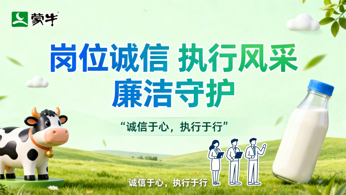 16:9 海报，3000px 宽，300dpi，PNG 格式，清新活力风格，主题是我爱我家 “廉洁从家出发”，融入蒙牛品牌元素：浅绿色草原背景，卡通奶牛和牛奶瓶作为侧边装饰，蒙牛 logo 放在左上角预览效果