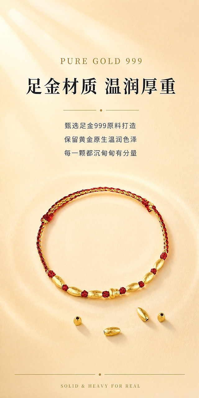 [商品] 使用【图3】大米珠散珠多角度图；严格保留产品完整结构、比例、米珠形状、通孔、古法哑光黄金质感；黄金颜色严格保持黄澄澄本色，不发白不过曝不死黑；产品不变形。
[画面] 页面目标：匠心工艺第1屏·足金材质，统一暖调轻奢氛围感；构图：上文下图居中布局，散珠位于画面下半部分居中，占画面宽度约40%；阅读动线：顶部英文→大标题→正文→产品；前景：产品及淡影；中景：暖香槟金渐变背景；背景：产品背后极淡圆形光晕、细腻纸张肌理，整体暖调统一有氛围感；整体留白充足，仪式感强。
[视觉] 套系策略：风格=现代轻奢珠宝画册风，高级简约有氛围感；标题字=思源宋体 Heavy；正文字=思源黑体 Regular；英文=Playfair Display；主色=暖香槟金渐变（#F5EEE3→#EDE2D0）；背景延展=全6页统一暖香槟金系，每页加入柔和光影、细腻肌理、光晕层次，色调完全统一有氛围感；强调色=暖金棕#A67C3F；标题色=深炭灰#2C2C2C；正文色=中灰#5A5A5A；组件=细金线分隔；光影=柔和侧前光，产品下方自然淡影，无死黑阴影。
[文字] 画面上部居中：英文小标题「PURE GOLD 999」（Playfair Display，全大写，暖金棕，字间距大）；大标题「足金材质 温润厚重」（思源宋体 Heavy，深炭灰，48px）；正文3行居中（思源黑体 Regular，中灰，行高2.0）：「甄选足金999原料打造 / 保留黄金原生温润色泽 / 每一颗都沉甸甸有分量」；底部细金线分隔+极小英文「SOLID & HEAVY FOR REAL」（Playfair Display，暖金棕）；所有文字横向排版，不遮挡产品。
[规格] 淘宝手机端竖版，比例1:2，4K分辨率，quality=medium；负向提示：禁止纱布、台面、玻璃、贝壳等多余道具，禁止国风古风元素，禁止黄金发白过曝或死黑，禁止产品变形，禁止竖排文字，禁止蚂蚁字，禁止冷色调背景。