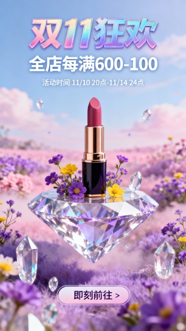 一张时尚化妆品促销海报，主视觉是一支精致口红，放置在悬浮的钻石造型平台上，平台周围点缀着紫色和黄色的小花以及透明水晶装饰，背景是梦幻的粉紫色花海与淡蓝色天空，营造出童话感氛围，画面顶部有渐变炫彩字体的预览效果