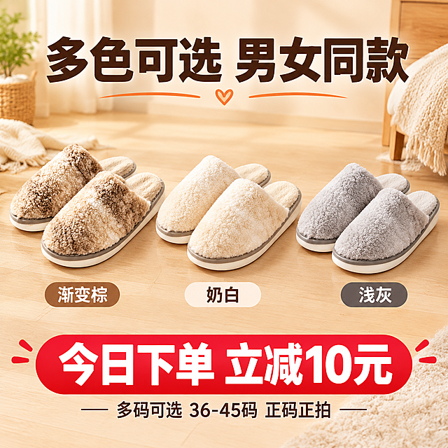 [主图-5] 多色多尺码规格展示+促销信息图，帮助用户快速决策下单。
[统一基调] 温馨居家暖色调，背景为浅米色卧室木地板场景，主标题用粗黑体大字，字色深棕色，辅助字色为暖橙色，强调色为焦糖棕，整体风格温暖舒适、直白醒目，符合拼多多高点击调性。
[画面] 画面中央展示三双不同颜色的同款毛绒棉拖鞋，横向并排摆放在浅木色地板上，从左到右依次为：渐变棕米色（主图款）、奶白色、浅灰色。三双拖鞋大小一致，间距均匀，均为45°前侧视角，主体整体占画面约55%。每双拖鞋下方对应标注颜色名称。背景为虚化的暖色调居家环境。画面顶部和底部留出大面积文字区域。
[光影质感] 柔和均匀的暖光，三双拖鞋光影一致，毛绒质感统一，每双下方都有自然接触阴影，整体干净明亮。
[配色] 背景浅米暖色调，标题深棕色，促销标签用醒目红色，尺码信息用深灰色。
[文字版式] 顶部居中特大号粗黑体标题「多色可选 男女同款」。三双拖鞋正下方分别标注颜色名：「渐变棕」「奶白」「浅灰」，文字居中对齐。底部一个醒目的红色圆角促销条，内有白色粗体字「今日下单 立减10元」，促销条下方一行小字「多码可选 36-45码 正码正拍」。整体信息层级清晰，促销感强。
[输出要求] 1:1正方形，2048px，三双拖鞋外观一致仅颜色不同，产品不变形，颜色区分明确，文字清晰可读，无错字，无水印，无平台Logo，无极限词。