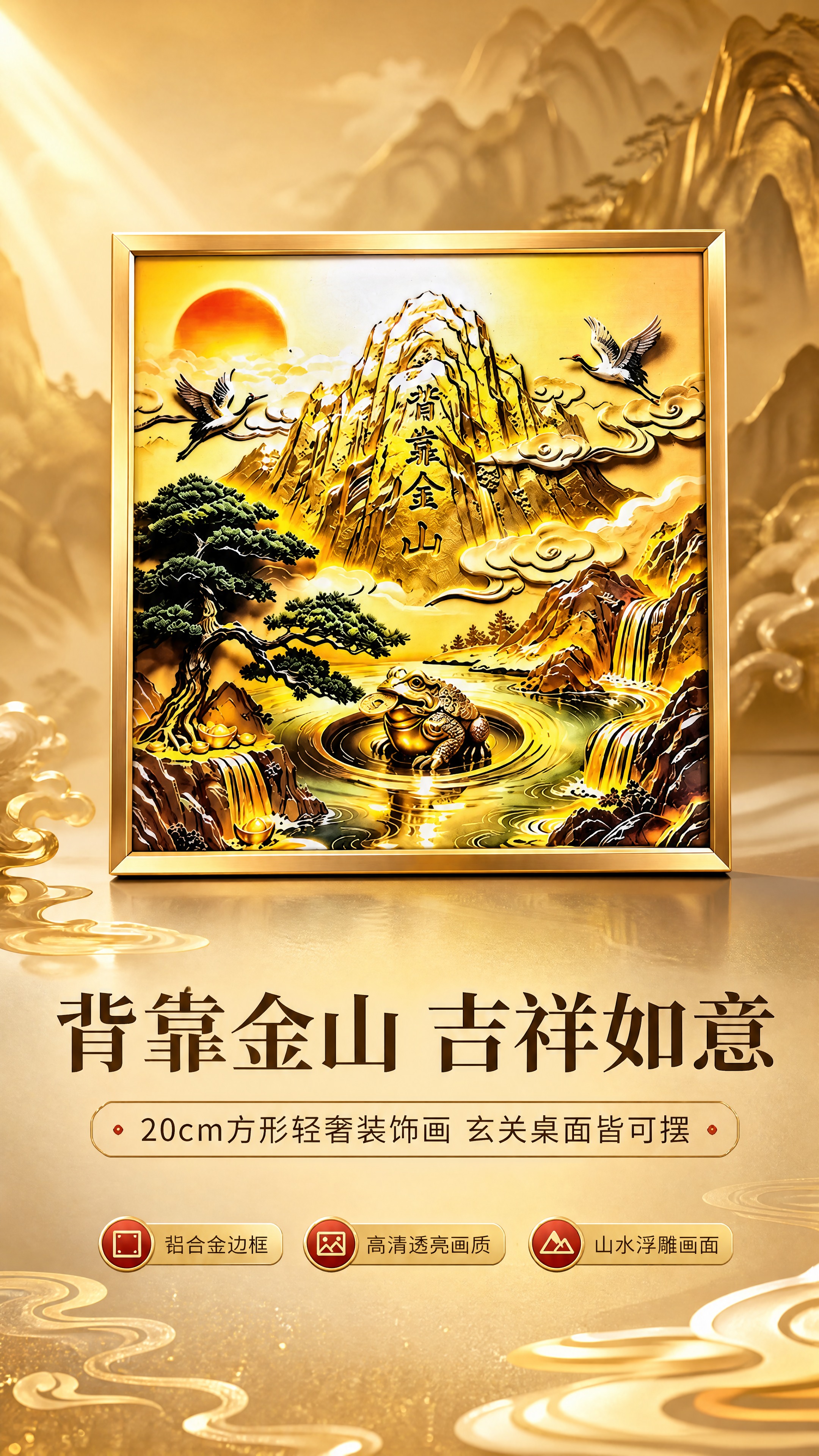 [商品] 使用【图1】背靠金山金蟾装饰画；保留金色铝合金方形边… - 图片创意预览
