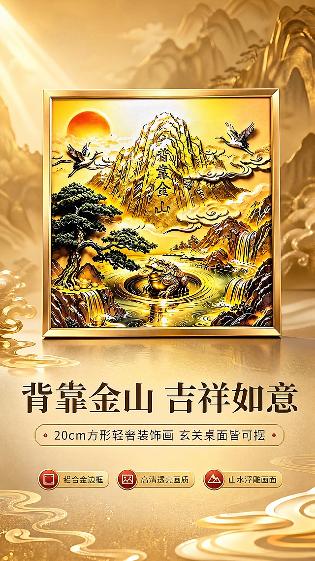 [商品] 使用【图1】背靠金山金蟾装饰画；保留金色铝合金方形边框、金色山水浮雕画面、"背靠金山"竖排文字、金蟾、仙鹤、松树、瀑布、祥云、红日等全部图案元素，保留20cm×20cm方形比例；商品处理：去除桌面背景杂物，保留产品原貌与颜色，增强画面高清透亮质感，边框金属光泽自然，不改变图案和结构，产品不带灯光效果。
[画面] 目标：氛围头图，突出产品整体轻奢质感与吉祥寓意；构图：居中偏上展示装饰画正面，产品占画面约60%，下方留白放文案；景别：中景；阅读动线：从上到下，先看产品再看文案；前中后景：前景金色祥云光斑装饰、中景装饰画主体、后景渐变金色山水意境背景；场景：高端新中式轻奢氛围，悬浮展示，光影从左前侧打光，边框有自然高光。
[视觉] 套系策略：风格=新中式轻奢国潮商业摄影风；标题字=粗宋衬线体+现代黑体组合；正文字=简洁无衬线黑体；主色=鎏金+深棕；背景延展=基于金色做深浅渐变、山水纹理暗纹和细腻金属质感；强调色=朱砂红，仅用于小面积图标、引线和标签点缀；标题色=深棕金；正文色=暖棕灰；组件=圆角金色信息卡、细线引线、祥云装饰元素；光影=左前侧暖金柔光，产品立体感强。
[文字] 主标题：背靠金山 吉祥如意；副标题：20cm方形轻奢装饰画 玄关桌面皆可摆；卖点标签：铝合金边框｜高清透亮画质｜山水浮雕画面；文字区位于画面下方约30%区域，横向排版，不遮挡产品主体；所有文字横排，字号保证手机端清晰可读。
[规格] 图片比例9:16竖版，4K分辨率，负向提示：避免变形、错字、文字过小、冷蓝背景、产品带灯光发光效果、图案元素缺失、边框颜色改变、画面模糊。