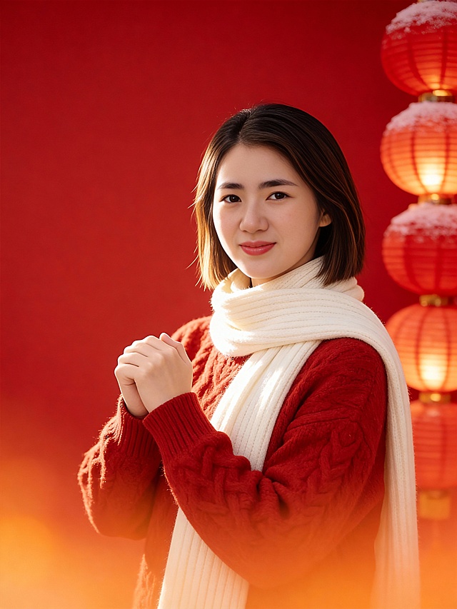 新春温婉人像写真,中近景(取景覆盖头部至腰腹),人物占比65%,平视视角(镜头与人物眼部平齐),居中构图打造绝对视觉焦点,浅景深效果拉满;[参考图人脸脸型+发型+年龄特征],发顶自然蓬松垂坠,发丝轻微柔光发丝光晕,身体面向镜头(微微侧),双手在胸前呈拜年手势交握,右手握拳在内,左手在外,覆于右手之上,手指自然弯曲贴合,呈现出传统礼仪中的恭敬姿态,俏皮灵动自然舒展(肘部微抬)｡面部表情温柔恬静,眼神澄澈看向镜头,嘴角微扬浅笑,眼含脉脉暖意;清透伪素颜妆造,大地色低饱和眼影,豆沙红自然唇色,肤质白皙细腻通透,自带自然通透光泽感;身着正红色粗绞花针织毛衣,材质软糯蓬松,立体麻花纹理清晰可见,衣物褶皱自然垂坠贴合身形,搭配米白色宽版罗纹针织围巾,围巾边缘泛柔和高光;打光采用80%强度左侧散射主光(侧前柔光)柔和勾勒面部轮廓与毛衣纹理,60%强度背景辅助柔光提亮面部及发丝边缘形成自然轮廓光,面部明暗过渡柔和无硬阴影,服饰光泽细腻自然,毛衣红色纹理在光线下呈现层次渐变;背景为纯明亮正红色哑光背景,右侧堆叠错落红色灯笼(灯笼表面覆朦胧暖光),背景元素浅景深极致虚化,叠加高浓度暖橘渐变底色+强朦胧发光效果+重度虚焦晕染质感,背景边缘与主体间形成自然柔光过渡带;暖调高饱和色调(正红+暖橘为主),中间调平衡色彩层次,暖调柔焦国风滤镜深度强化红色浓郁度且保留米白色围巾纯净质感,色彩还原精准,去除人物之外所有元素,红色浓郁不溢出,肤色自然通透;高分辨率精细质感,清晰呈现毛衣绒毛细节､妆容细腻层次,ISO400胶片颗粒感(颗粒分布均匀柔和)提升复古质感;整体画面萦绕温婉东方诗意氛围,朦胧光效包裹人物,氛围感拉满｡