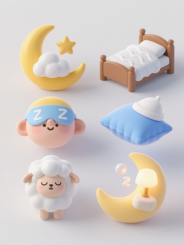 在纯白色纯色背景上，以3D立体卡通风格、圆润可爱的造型、柔和的黄色与白色为主色调、明亮均匀的光影、光滑细腻的材质质感，规整排布六个完全不同的睡眠元素图标：左侧上方是黄色弯月旁依偎着蓬松白云配金色星星，右侧上方是覆盖着波浪形白色被子的棕色小床，左侧中间是戴着睡眠眼罩的卡通人物头部，右侧中间是漂浮的蓝色枕头与白色睡帽组合，左侧下方是闭着眼睛的白色绵羊，右侧下方是冒着睡眠泡泡的月亮形状床头灯，所有元素保持统一的圆润边缘、高光细节和简洁构图，形成和谐的睡眠主题系列素材集合。
