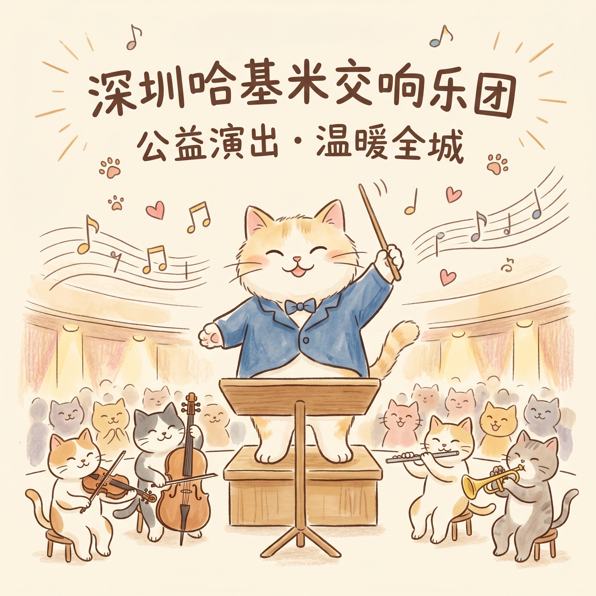 简约手绘风格插画，展示猫咪元素和交响乐指挥棒，整体温暖亲和，适… - 图片创意预览