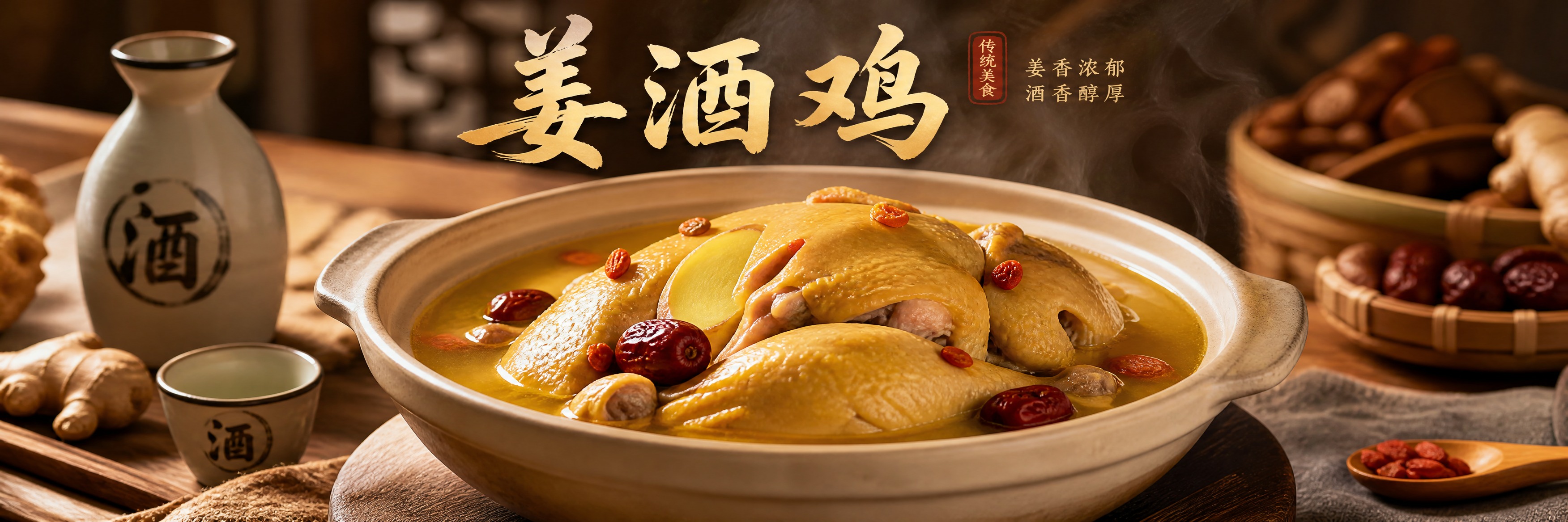 姜酒鸡美食海报设计，宽幅横版构图，画面中央是精美的姜酒鸡菜品摆… - 图片创意预览