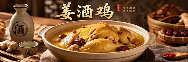 姜酒鸡美食海报设计，宽幅横版构图，画面中央是精美的姜酒鸡菜品摆盘，金黄色汤汁，整只或大块鸡肉，姜片、枸杞、红枣点缀，冒着袅袅热气，旁边摆放米酒壶和陶瓷碗，木质餐桌背景，暖光照明，写实美食摄影风格，画面上方有"姜酒鸡"书法标题文字，整体温馨有食欲，无优惠信息、无地址电话，专业餐饮海报，高清写真质感