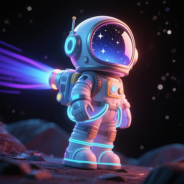 3D卡通风格的小宇航员，头盔面罩反射着星辰般的细碎光效，背后的喷气背包喷出蓝紫色渐变光带，在黑色宇宙背景中格外亮眼，宇航服边缘还有流动的荧光线条。