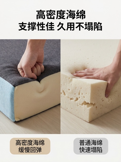 海绵内芯支撑性特写图，展示海绵内芯密度纹理，按压后缓慢回弹的状态，对比普通海绵快速塌陷的效果，添加文字「高密度海绵 支撑性佳 久用不塌陷」，产品和参考图一致，宽度750像素预览效果