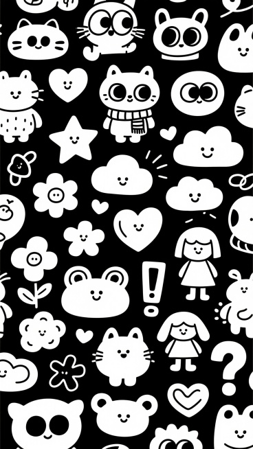 一张充满童趣的简笔画风格无缝图案，由多种可爱的卡通形象和元素组成。画面中有大大的圆眼睛的各种小动物、戴着围巾的卡通角色、穿着裙子的小女孩、微笑的星星、云朵、花朵、爱心、感叹号、问号等元素，所有元素都用简单流畅的黑色线条勾勒，线条粗细均匀，造型夸张可爱，充满童真和欢乐氛围，整体构图密集但不杂乱，形成一个充满活力的黑白简笔画图案。预览效果
