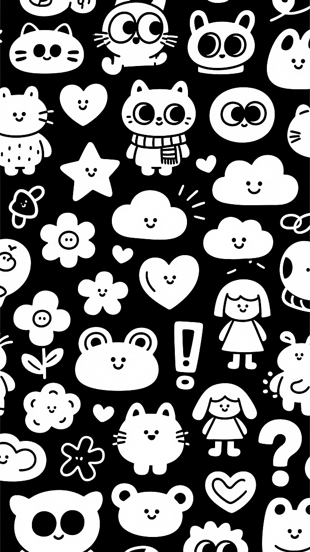 一张充满童趣的简笔画风格无缝图案，由多种可爱的卡通形象和元素组成。画面中有大大的圆眼睛的各种小动物、戴着围巾的卡通角色、穿着裙子的小女孩、微笑的星星、云朵、花朵、爱心、感叹号、问号等元素，所有元素都用简单流畅的黑色线条勾勒，线条粗细均匀，造型夸张可爱，充满童真和欢乐氛围，整体构图密集但不杂乱，形成一个充满活力的黑白简笔画图案。