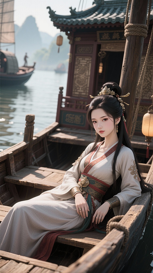 三国小乔的插画  船上斜靠的姿势  中式风格  表情妩媚