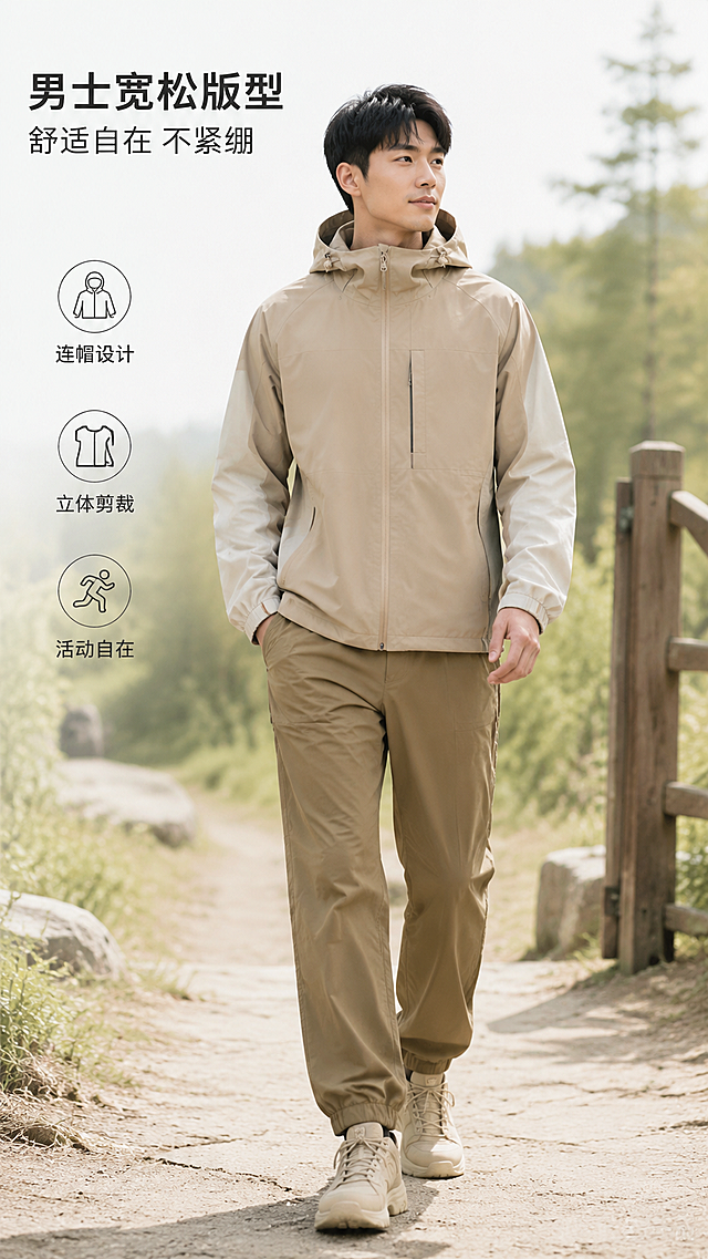 结合参考图，围绕护外男女同款冲锋衣，制作电商详情页，整体选用干净，有活力，有运动感，浅系色调，贴合男生女生穿搭，通勤，护外登山，多类使用环境，面向全年龄段大众群体打造质感与简约高级观感的页面风格，全方位呈现产品适用场景、核心功效与适配优势。「图片1」