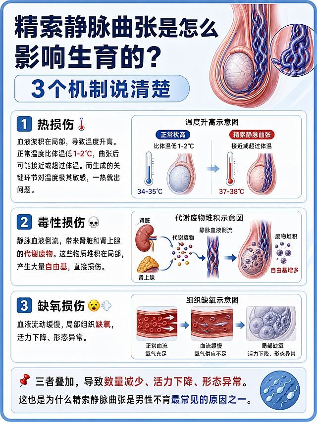 科普图文海报，尺寸比例3:4，标题为"精索静脉曲张是怎么影响生育的？3个机制说清楚"，正文分为三个部分：1. 热损伤🌡️：血液淤积在局部，导致温度升高。正常温度比体温低1-2℃，曲张后可能接近或超过体温。而生成的关键环节对温度极其敏感，一热就出问题。搭配温度升高示意图配图。2. 毒性损伤💀：静脉血液倒流，带来肾脏和肾上腺的代谢废物。这些物质堆积在局部，产生大量自由基，直接损伤。搭配代谢废物堆积示意图配图。3. 缺氧损伤😮💨：血液流动缓慢，局部组织缺氧，活力下降、形态异常。搭配组织缺氧示意图配图。最后标注：📌 三者叠加，导致数量减少、活力下降、形态异常。这也是为什么精索静脉曲张是男性不育最常见的原因之一。整体风格为医疗科普简洁清晰，排版规整，图文结合，信息层级分明，适合医疗知识科普宣传。