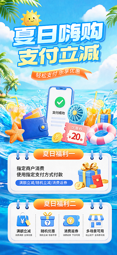 3D夏日促销支付享优惠活动全屏竖版海报