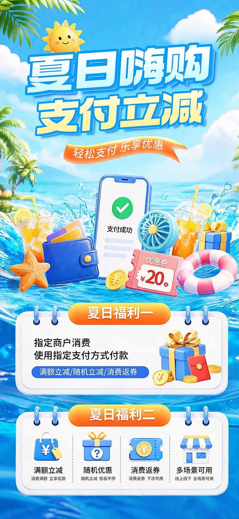 3D夏日促销支付享优惠活动全屏竖版海报