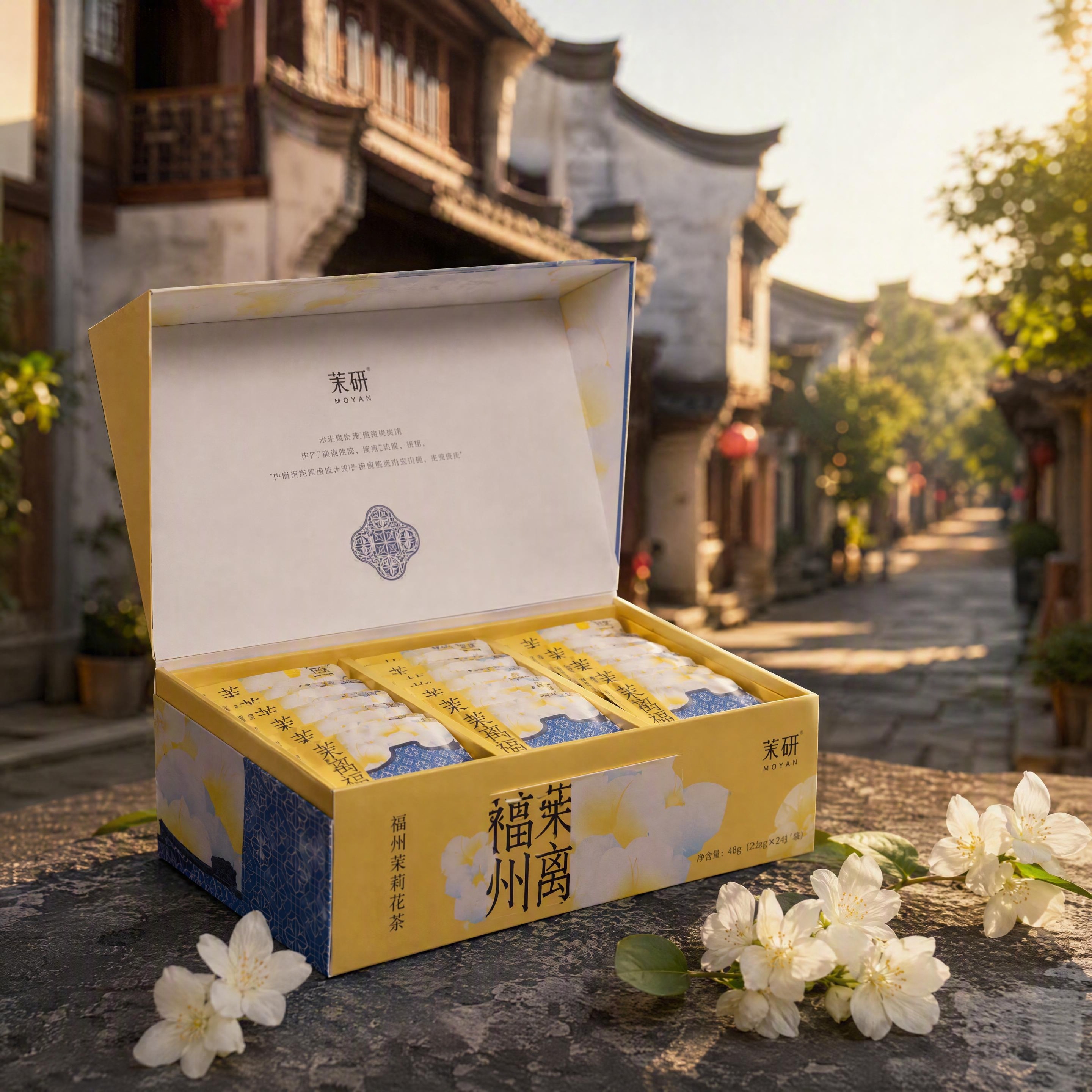 茉研福州茉莉花茶礼盒斜45度角拍摄，礼盒打开状态，内部整齐排列… - 图片创意预览