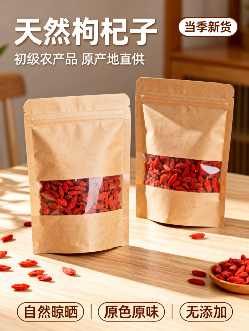 拼多多枸杞子主图，商品是两袋牛皮纸开窗包装的初级农产品枸杞子，风格舒适简约，家居治愈感，自然暖光。枸杞子红色鲜艳，牛皮纸包装袋，浅原木桌面背景，散落少量枸杞子，柔和阳光，全屏背景无边框。文字文案：主标预览效果