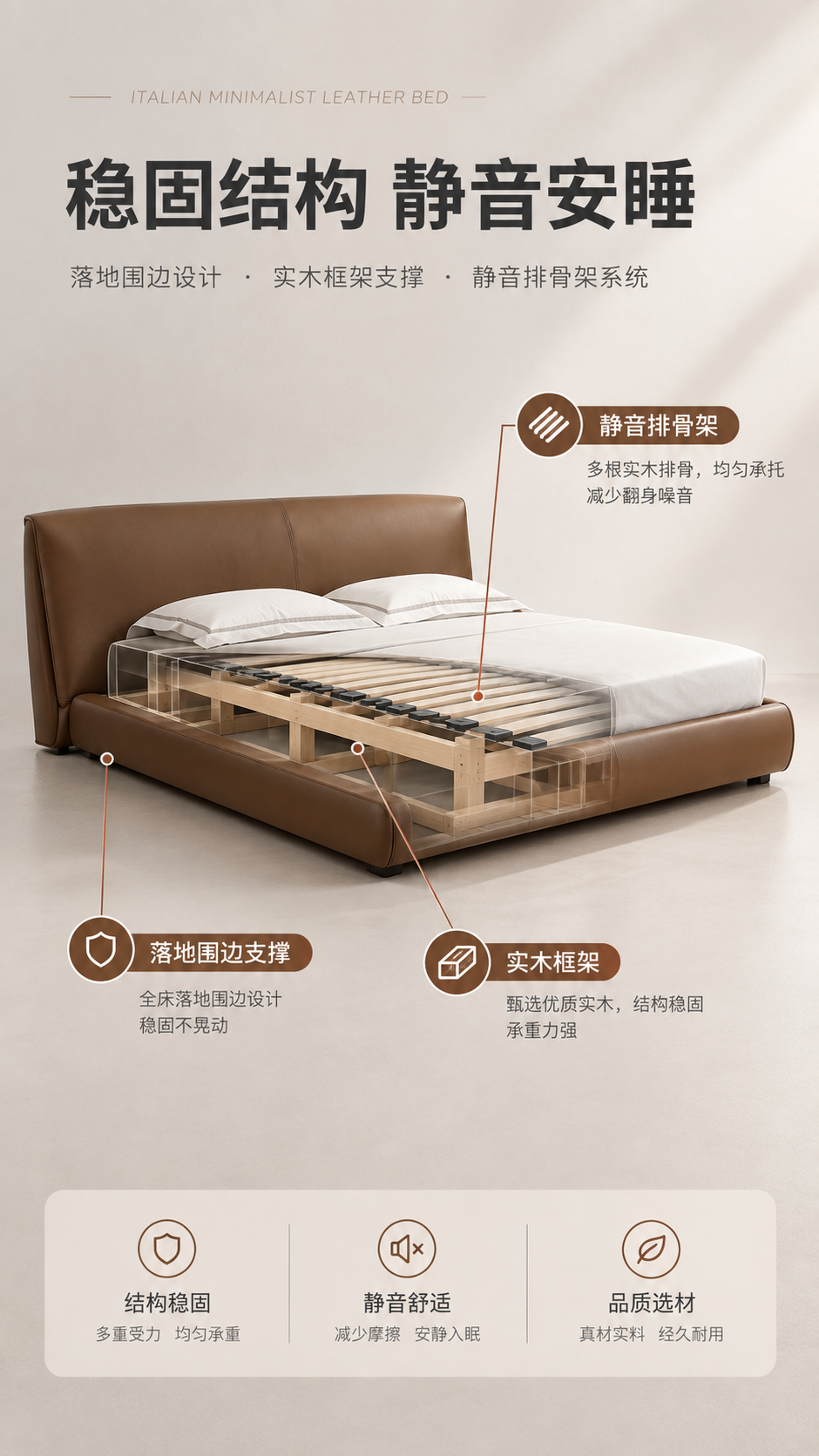 [商品] 使用【图1】意式极简落地款围边真皮床；保留棕色外观、… - 图片创意预览