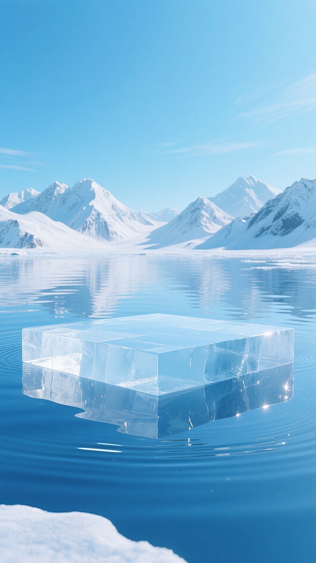 画面中心是水面上的巨大冰面展台，背景是连绵的雪山与蓝天，水面泛起涟漪并形成倒影，整体以蓝白色调为主