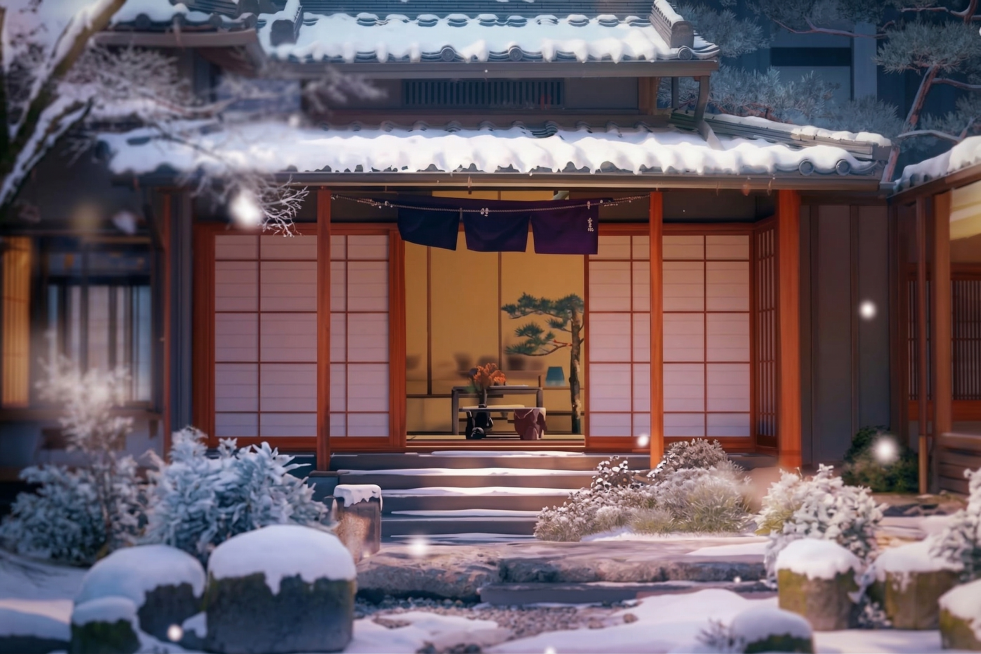 将图片变得更清晰，保留原图冬日日式庭院建筑的构图与内容，只提升画质预览效果