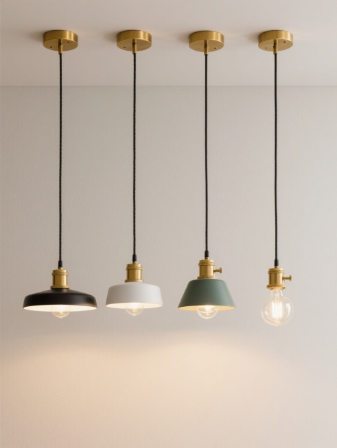 一组4个不同配色、不同样式、不同材质的吊灯造型，符合现实逻辑，浅色背景，上下两行对齐排列。每个吊灯均有细长的黑色金属吊线，顶部为黄铜色金属连接件，灯泡为透明玻璃材质并内置发光光源。整体呈现简约现代的设计风格，画面构图对称平衡，光影效果柔和自然，色彩搭配协调统一，具有清晰的产品展示效果，适合作为家居照明产品的宣传海报或目录图片使用。预览效果