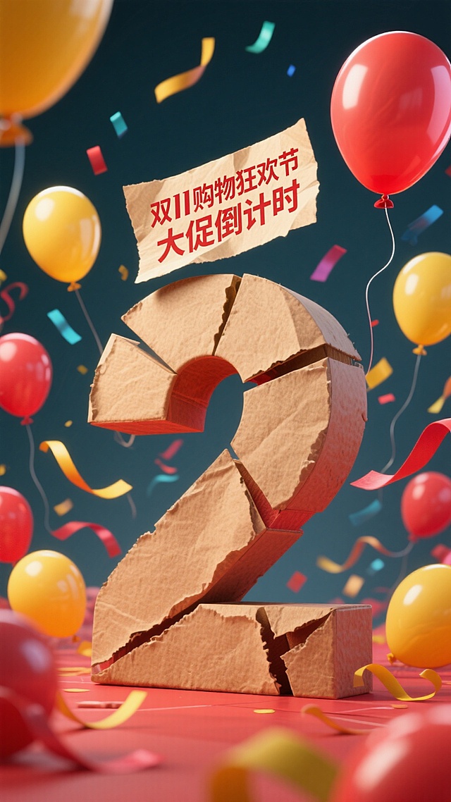 巨型牛皮纸拼色数字 “2”，顶部设置 “双11购物狂欢节” 标签，搭配 “大促倒计时 ”文字，电商高饱和色调，融入促销装饰元素，整体营造紧迫的促销倒计时氛围