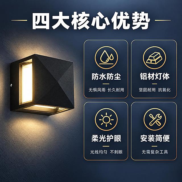 1688电商主图第2张，户外壁灯四大核心卖点信息图。画面左侧展示方形黑色户外壁灯开灯状态，占比40%，外观与参考图方形款一致。右侧四个圆角信息模块2x2排列，每个有简约线性图标和文字。四个卖点：防水防尘、铝材灯体、柔光护眼、安装简便。顶部居中大字标题：四大核心优势。深灰蓝渐变背景，白色标题，暖金色图标，工业质感风格。1:1正方形，文字清晰，产品清晰，无水印。