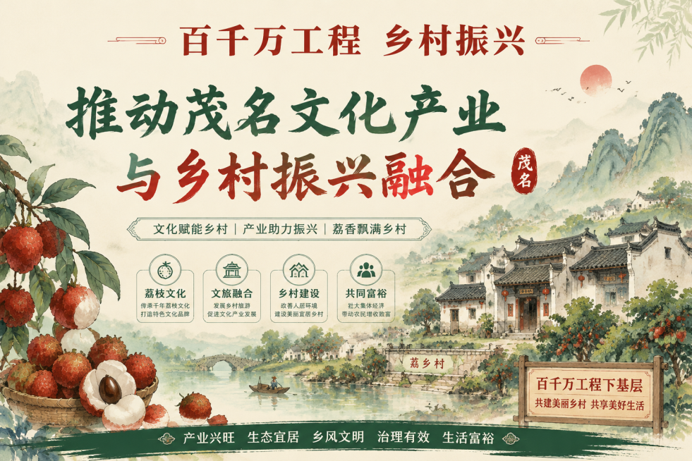 百千万工程下基层宣传单，推动茂名文化产业与乡村振兴融合，新中式风格，2:3横版，融合茂名荔枝文化和乡村建筑，水墨画风，主题文字清晰醒目，顶部写"百千万工程 乡村振兴"预览效果